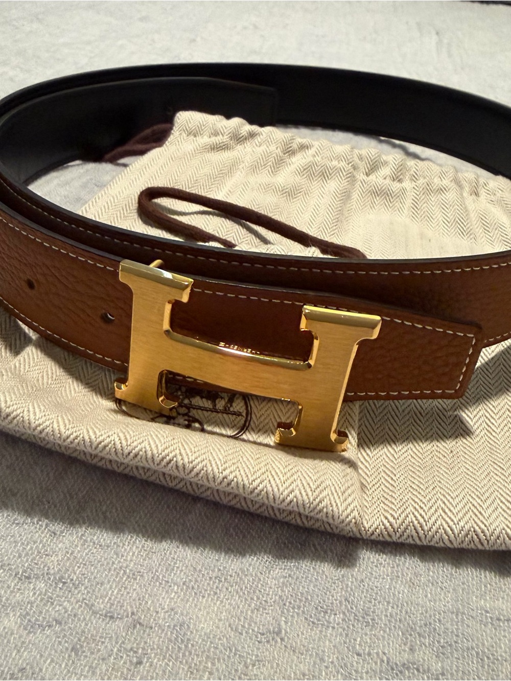 Hermes Brown and Black Reversible Leather Belt with Gold H Buckle
